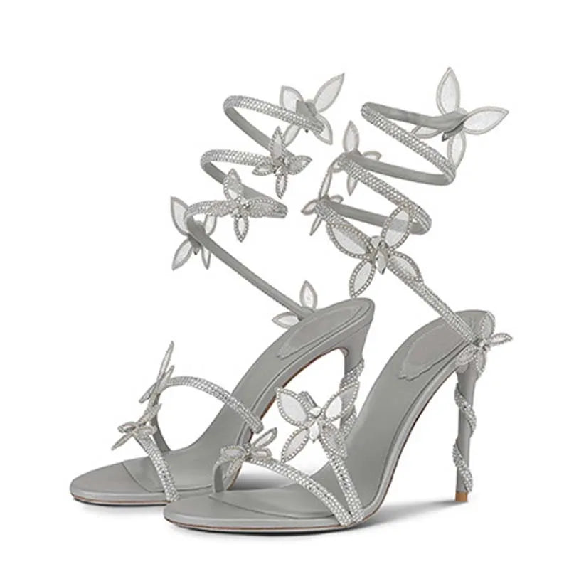 Eilyken Street Style CRYSTAL Flower Thin Heels Banquet Prom Women Sandals Sexy Open Toe Narrow Band Ankle Strap Gladiator Shoes