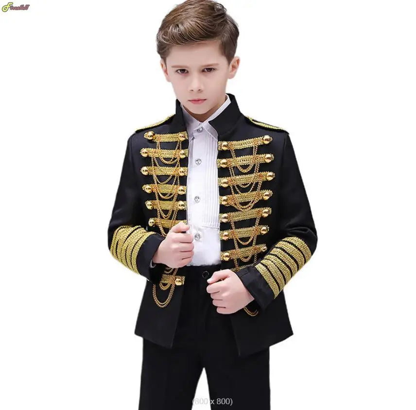 Medieval Steampunk Prince Blazer Costume Military Tassel Chains Cosplay Jacket Shoulder Pad Coat Pop Stage Dacing Tops for Kids