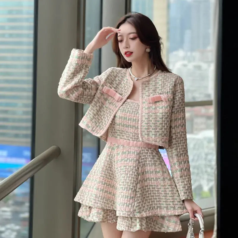 Sweet Girl Fashion Two Piece Sets Autumn New Small Fragrant Style Pink Tweed Short Coat+Suspender Dress Elegant Set