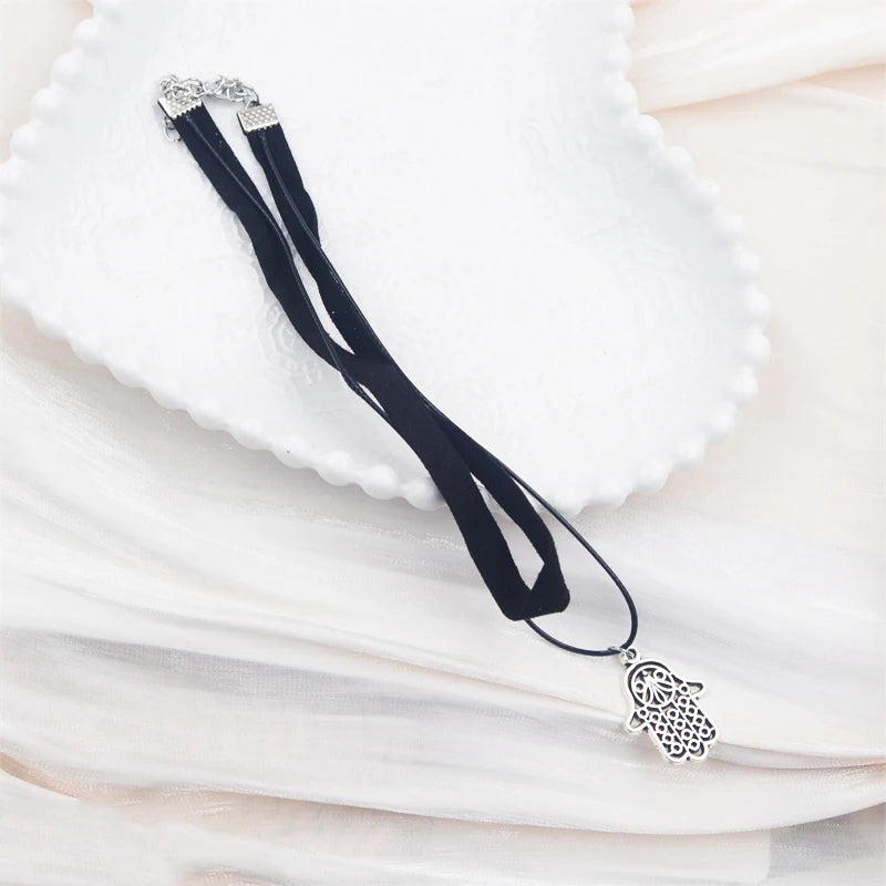 Black Faux Leather Velvet Chokers for Women Short Chain Small Necklaces Punk Skeleton Hand Pendants Collar Christmas Gifts