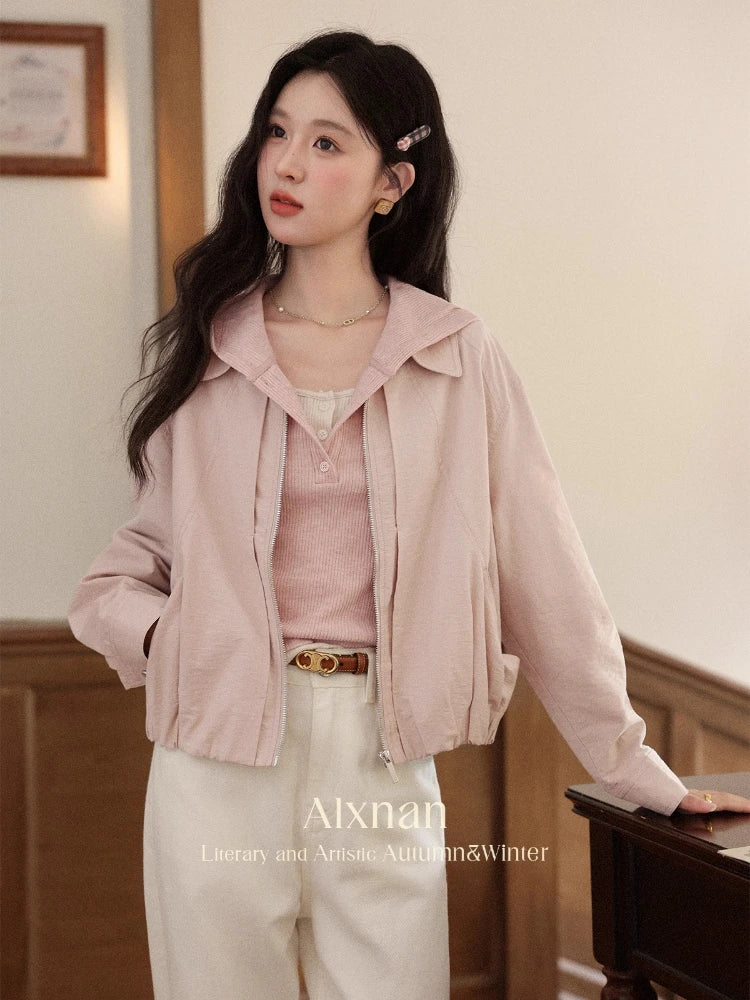 ALXNAN Women's Pink Lapel Jacket Short Coat New Autumn Edition with Gathered Hem Versatile Breathable Cotton Top L56722