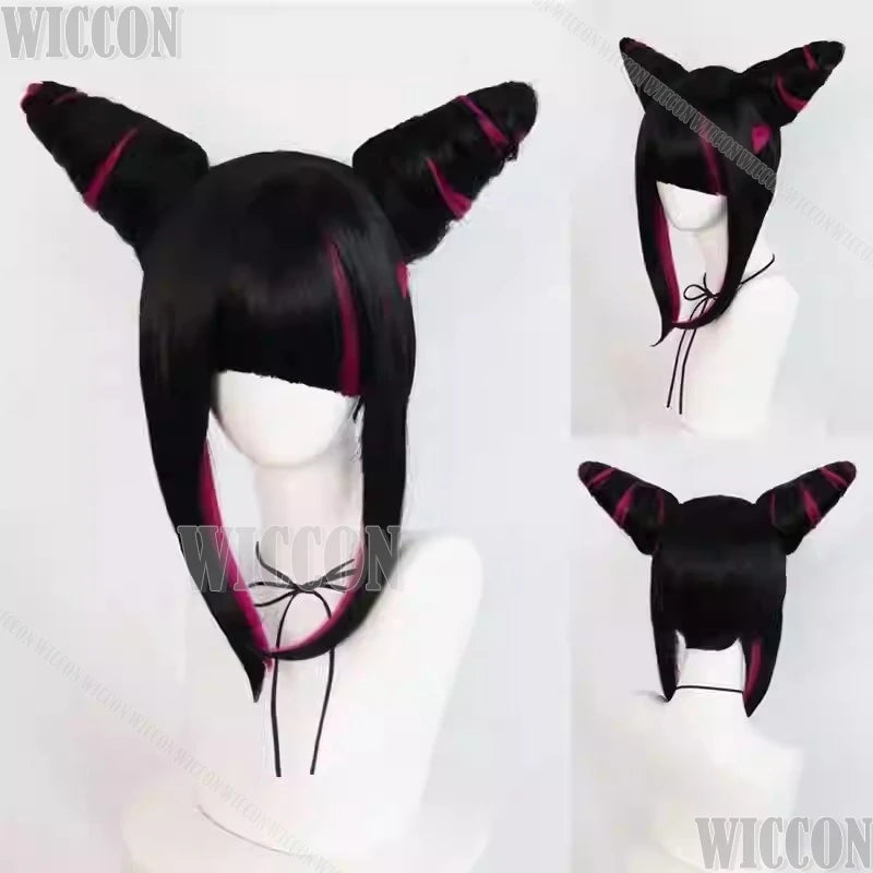 Kiriko Juri Game Han Over Cosplay Game Woman Double Bun Wig Black Purple Hair Cos Prop Choker Bolt Bracelet Halloween Party Cos