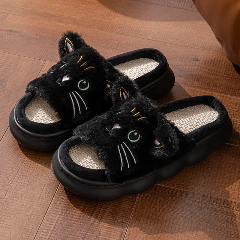 Open Toe Plush Shoes for Women Men Couples Cat Slippers Cute Stereoscopic Kitten Shoes Breathable Linen Slipper