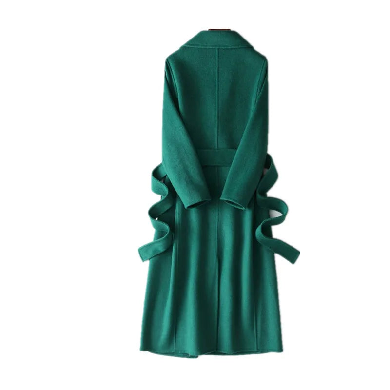 New Fashion Faux Woolen Coat Women Autumn Casual Solid Color Elegant Long Belt Wool Jacket Female Slim Overcoat Clothes B1384