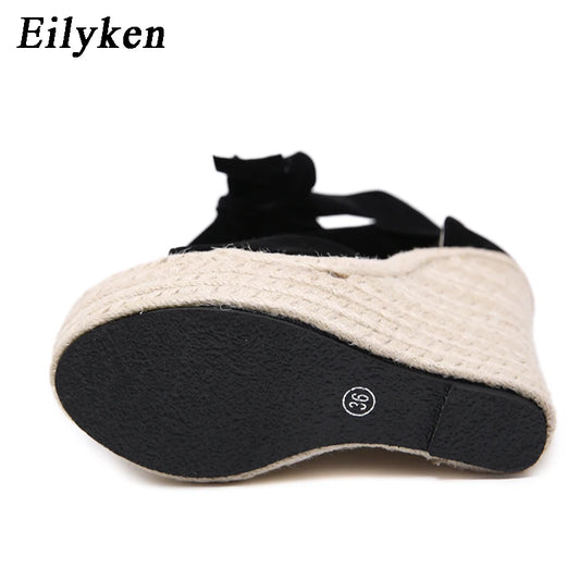 EilyKen Women Summer Butterfly Knot Solid Black Open Toe Sandals Fashion Platform High Heel Wedge Shoes Ankle Bowtie Dress Pumps
