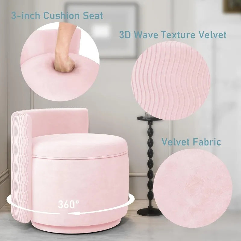 360° Swivel Accent Chair with Storage, Vanity Stool with Back,Velvet Storage Ottoman,Upholstered Round Barrel Vanity Chair(Pink)