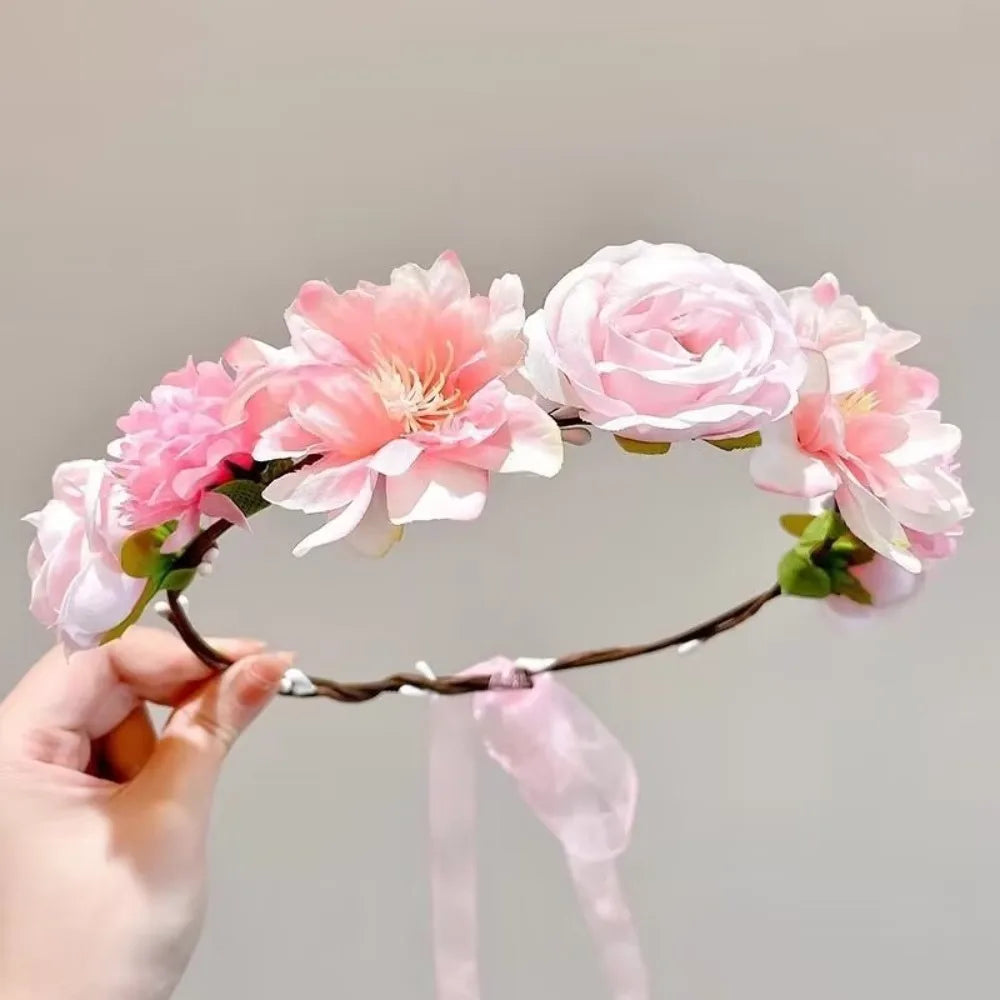 Fascinating Y2k Artificial Flower Fairy Flower Crown with Ribbon Headpiece Flower Headbands Bride Wedding Braided Wreath Women