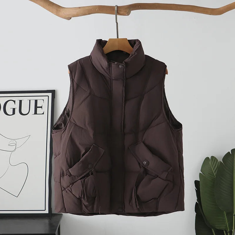 Plus Size Women Down Vest Winter New Loose Oblique Pocket Standing Collar 50% White Duck Down Warm Sleeveless Coat 1317