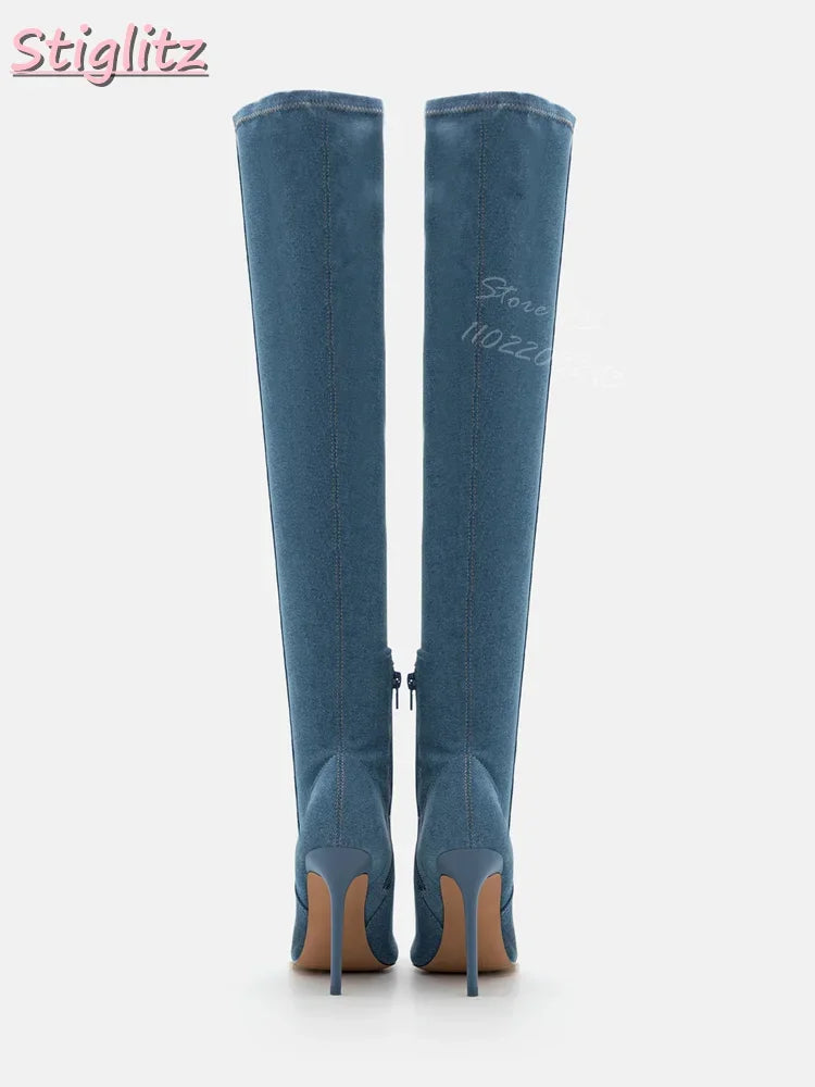 Denim Blue Pointed Boots Sewing Slim Over-the Knee Boots Stiletto Women Fashion Modern Shoes 2025 Autumn New Thin Heel Slip-on
