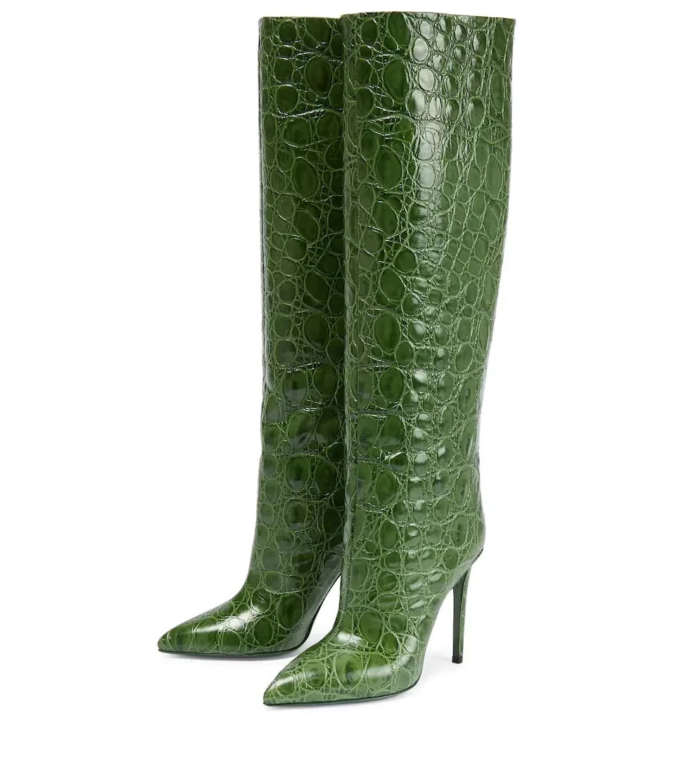 Sexy Serpentine Print Knee-High Boots Pointed Toe Solid Patent Leather Cover Heel Pleated Slip On Fashion 2024 New Arrivals