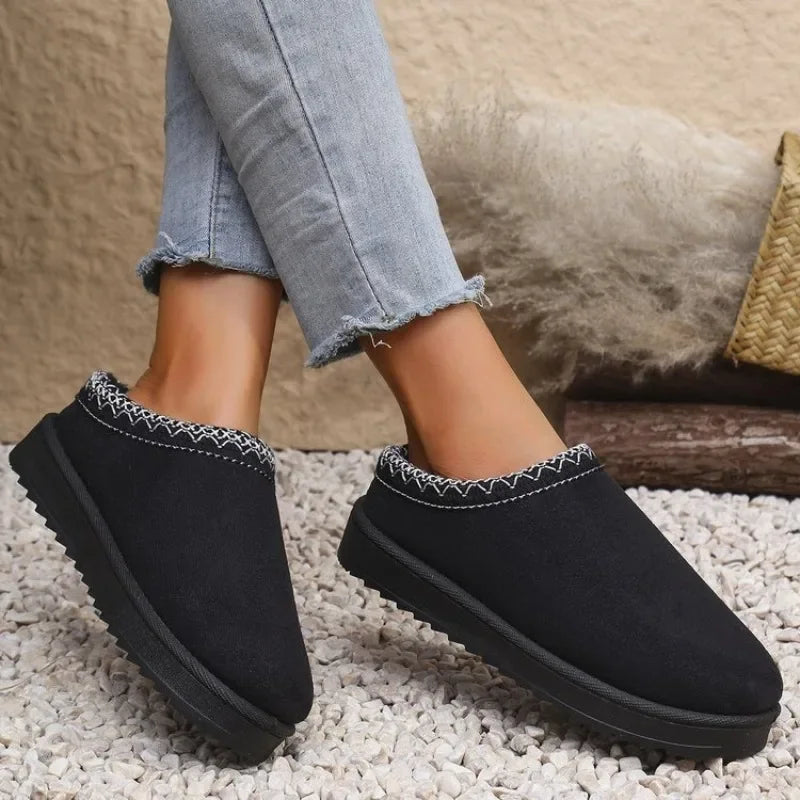 Women Warm Snow Boots Comfortable Cotton Shoes Close Toe Hair Half Slippers Female Autumn Winter Slip on Platform Boots Woman
