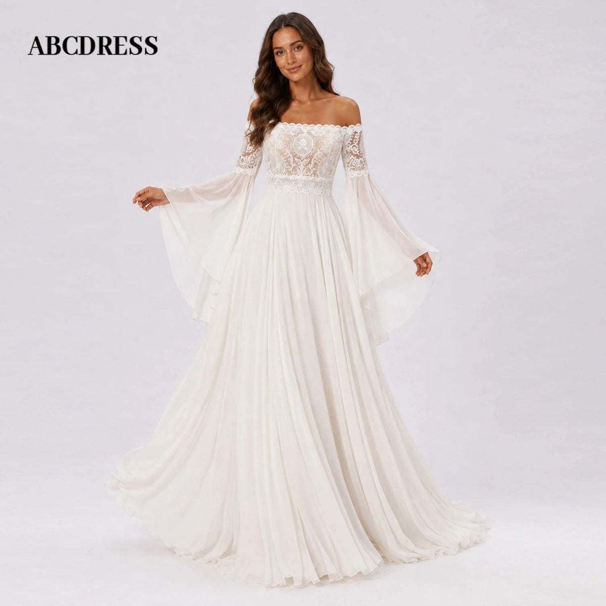 ABCDRESS Customized Elegant Lace Applique Bridal Gown Chiffon A-Line Wedding Dresses Sheer Long Bell Sleeves Lady Dress