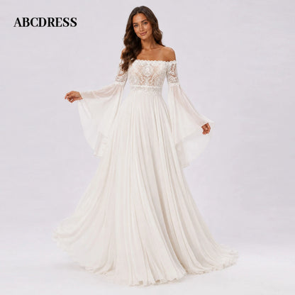 ABCDRESS Customized Elegant Lace Applique Bridal Gown Chiffon A-Line Wedding Dresses Sheer Long Bell Sleeves Lady Dress