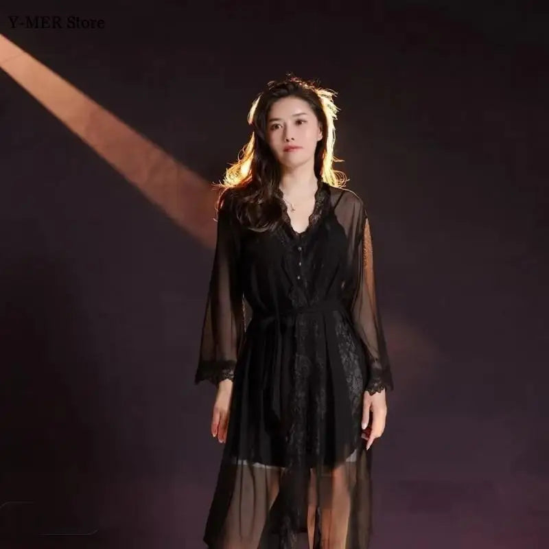 2025 New Balck Lace Patchwork Sling Nightdress Set Women Sexy Mesh Robe Jacquard Flower Home Dressing Gown Women Lingerie