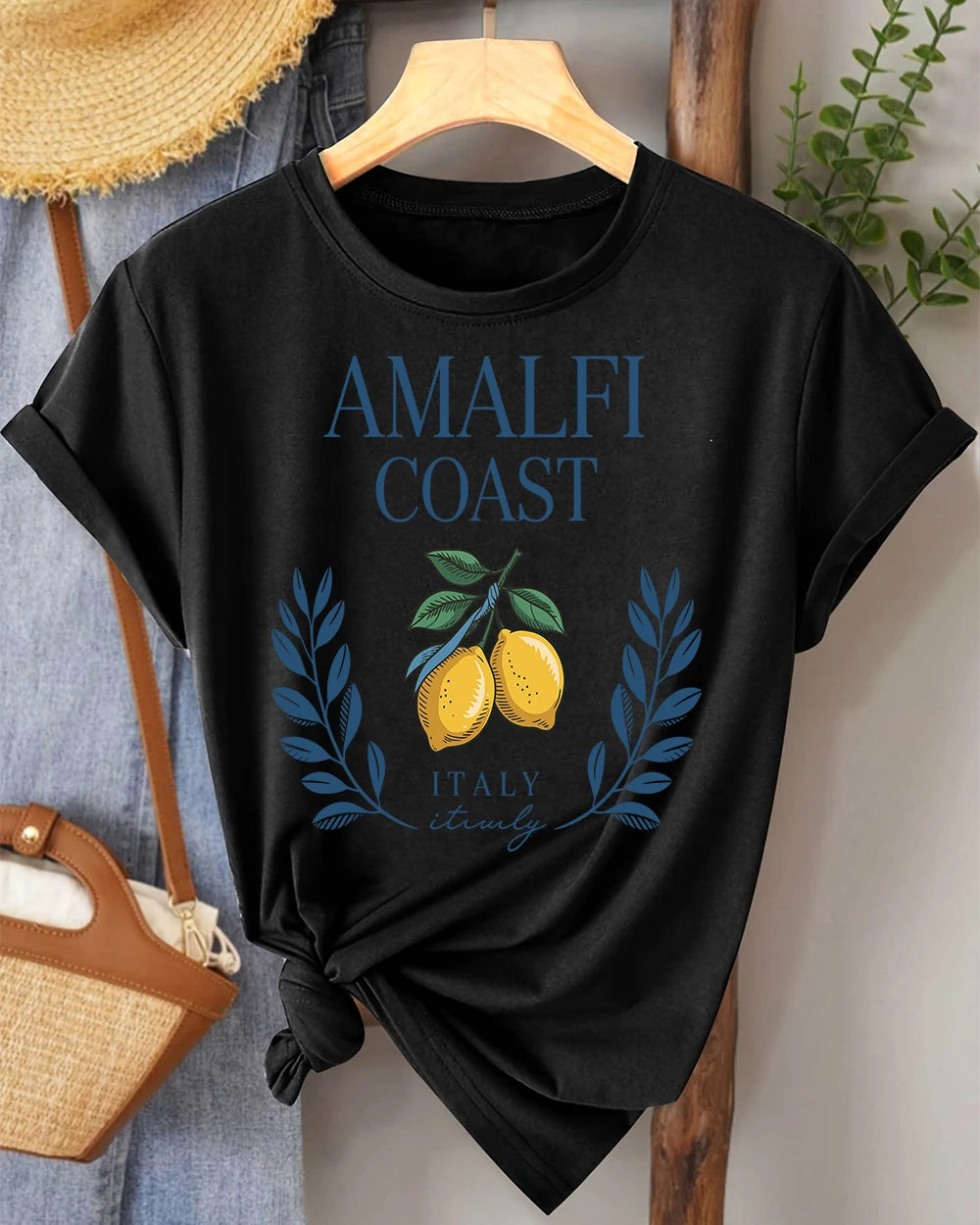 Amalfi Coast Lemon From Italy Printing Retro T-Shirts Women Breathable O-Neck Tee All-Match Soft Top Casual Female Short Sleeve