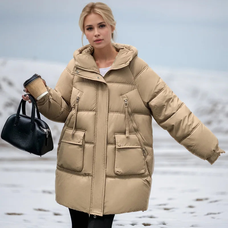 Patchwork Female's Winter Parka Jacket Pure Color Multi Pockets Zipper Fly Padded Coat For Lady Versatile Hooded Women's Jacket
