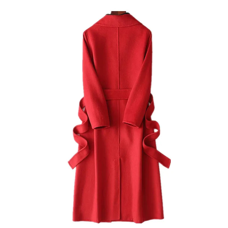 New Fashion Faux Woolen Coat Women Autumn Casual Solid Color Elegant Long Belt Wool Jacket Female Slim Overcoat Clothes B1384