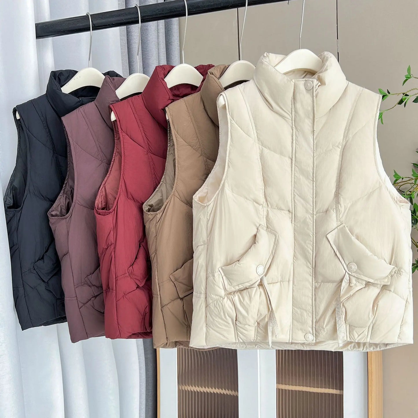 Plus Size Women Down Vest Winter New Loose Oblique Pocket Standing Collar 50% White Duck Down Warm Sleeveless Coat 1317