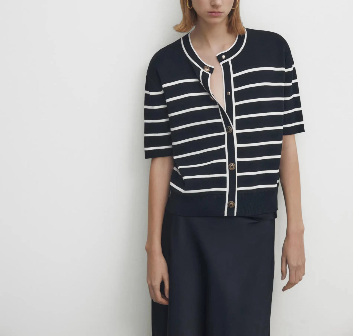 Ele Button Design Striped Cotton Knitted Open Cardigan Outerwear MD Early Autumn New Sle Commute Sle Polyester Fiber