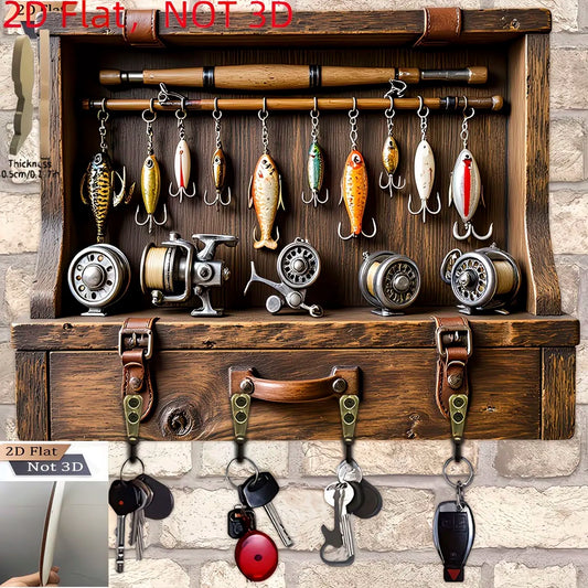 Vintage Fishing Lure Key Hanger, 2D Flat Print Rod & Reel Design, Wall Mounted Key Holder for Fishermen