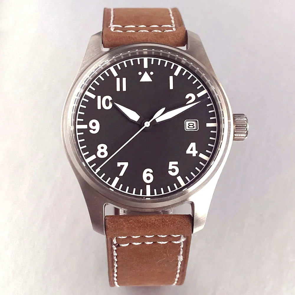 Customized 39mm Classic Pilot Watch Black Dial Sapphire Crystal Automatic Men's PT5000 Miyota 8215 Mechanical Movement Watches