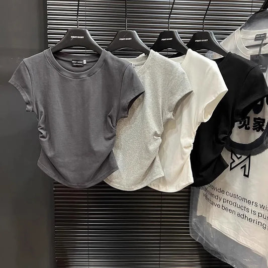 2025 Summer Y2K T shirt Women Solid Color Kpop Vintage O-neck Crop Tops Woman Slim Skinny Pullover Clothing Clothes Ruffled Tees