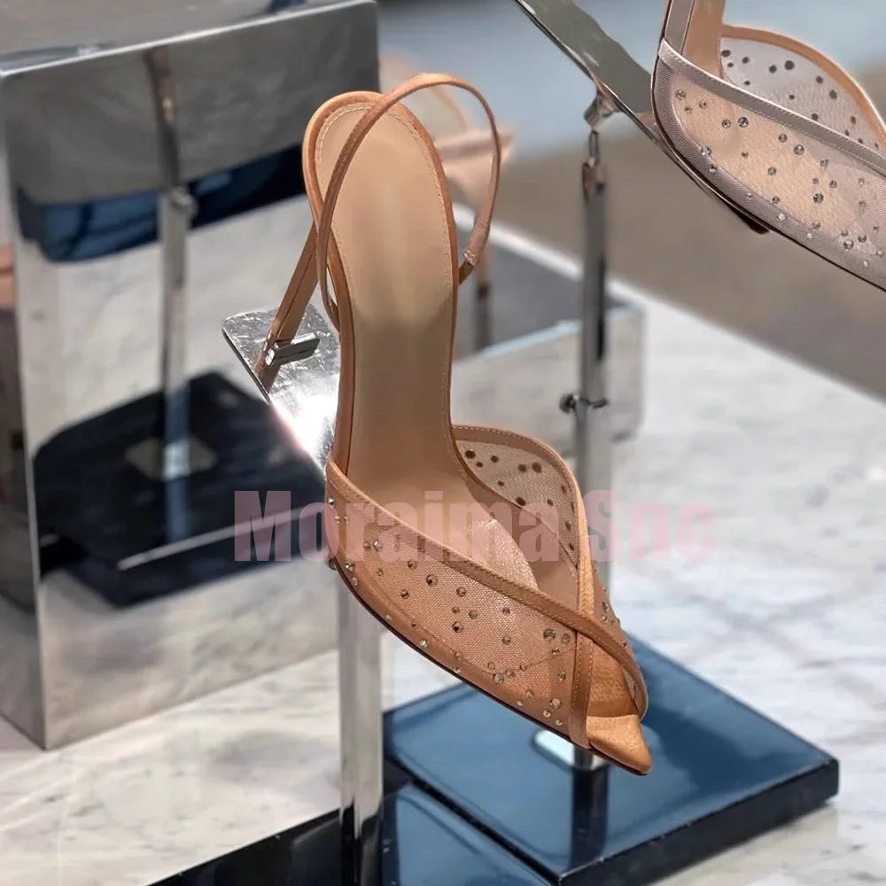 Sexy Crystal Mesh Pointed Toe Sandals Slingback Stiletto High Heel Slip On Fashion Women's Summer Shoes Banquet Party 2025 New