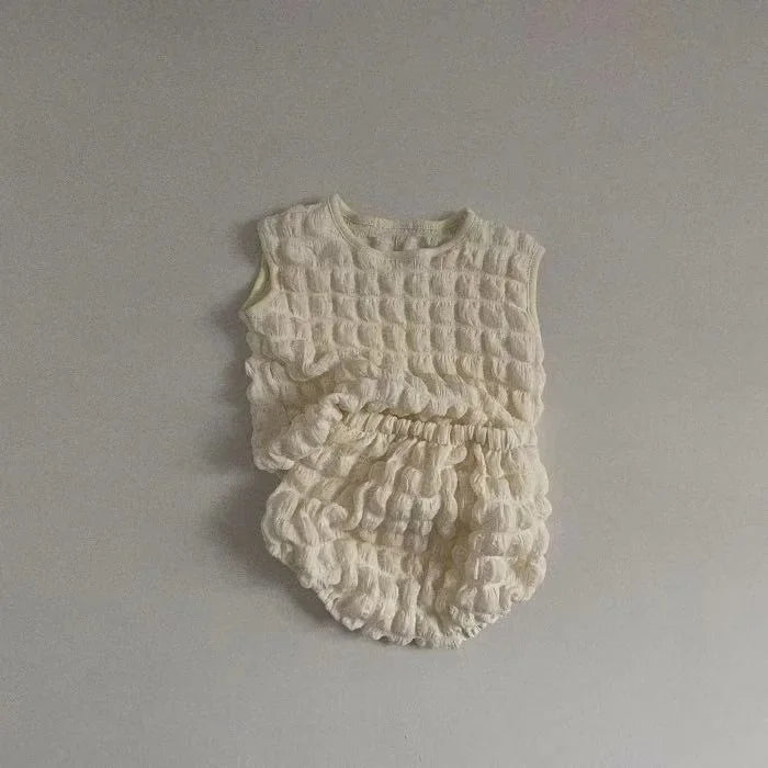 Summer Infant Baby Girls Sets Black Beige Bubble Grid Round Collar Sleeveless Top+Bread Shorts Fashion Newborn Clothes A15613