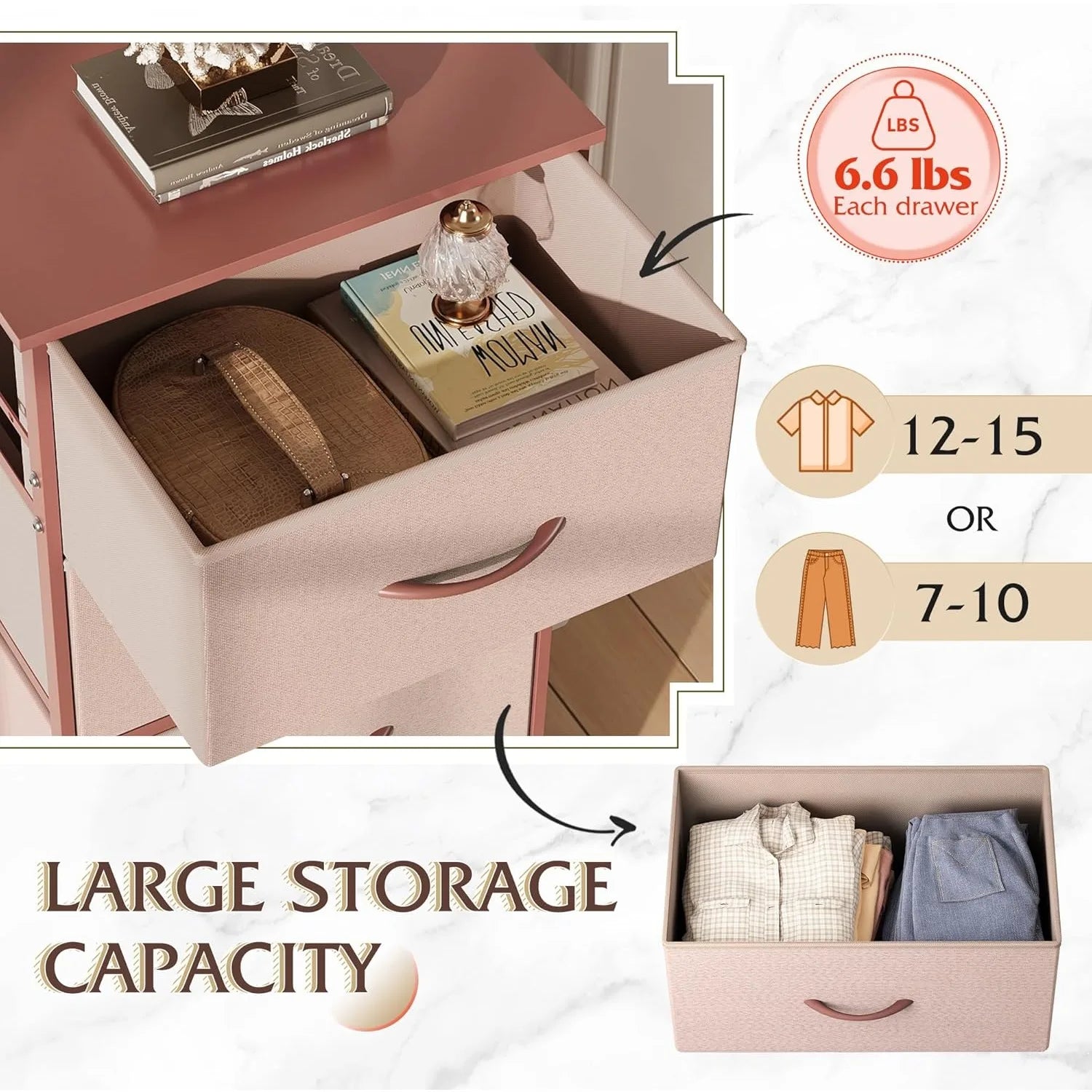 4 Drawers Dresser for Bedroom, Pink Rose Gold Fabric Clothes Storage Organizer Unit, Dresser for Hallway, Entryway,  Wood Top