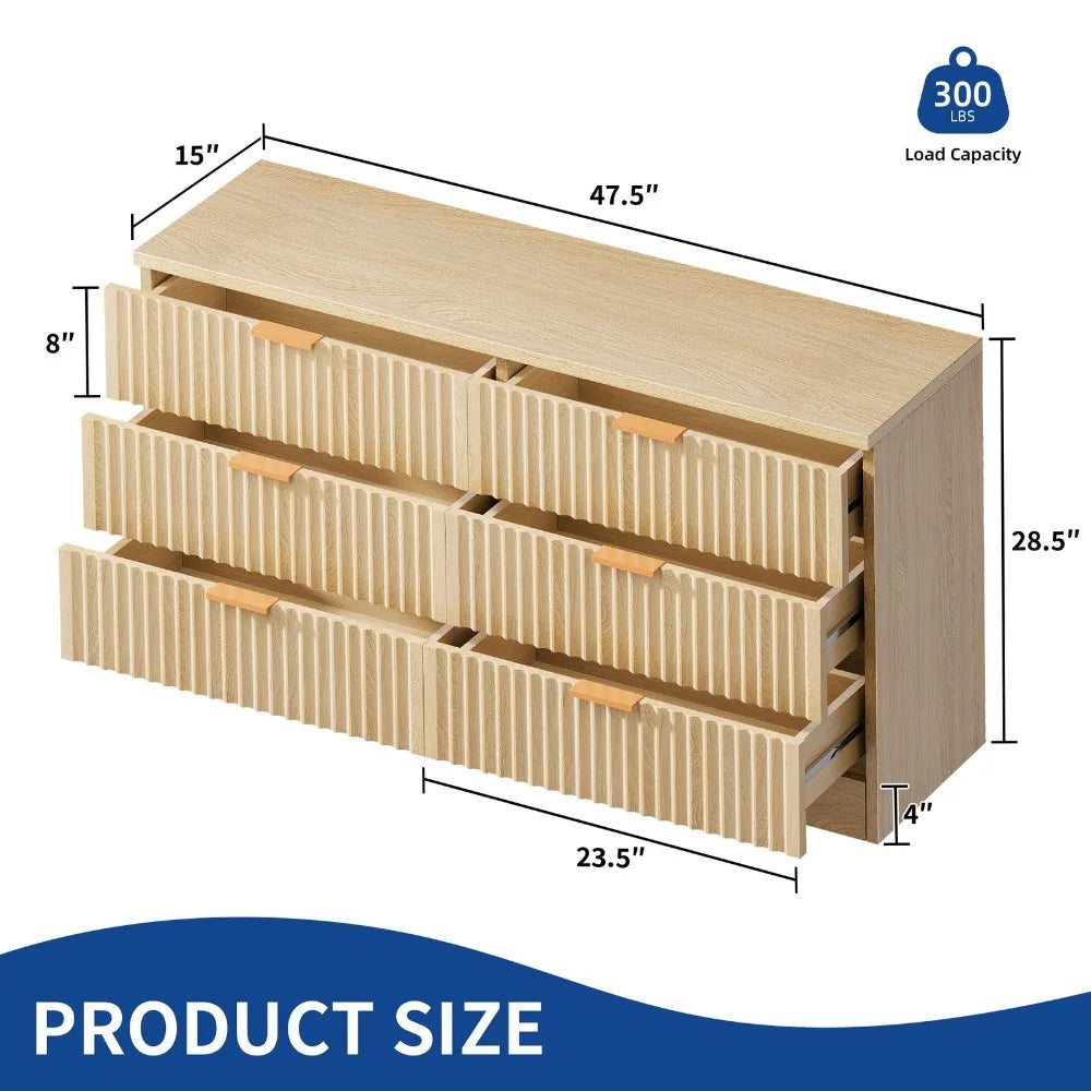 Oak 6 Drawer Dressers with Fluted Pane TV Stand Drawer Cabinet for Living Room