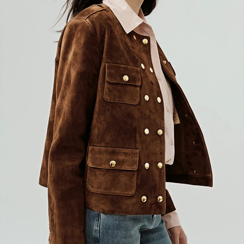 Coffee Vintage Cow Suede Jacket Spring Autumn Women Double Breasted O-Neck Straight Loose Short Leather Coats Jaqueta Feminina