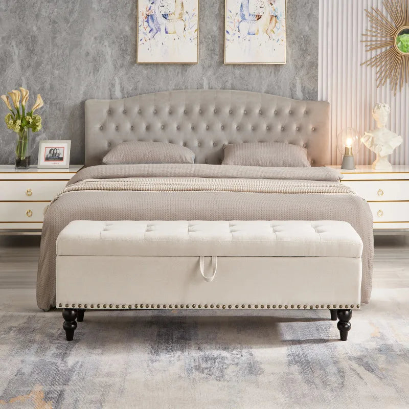 Bed Bench Ottoman with Storage Beige Fabric In The Bedroom As A Bed End Bench Contemporary Design Easy Assembly Multifunctional