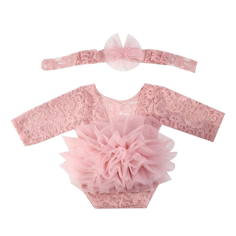 Newborn Toddler Baby Girl Romper Outfit Flower Lace Longsleeve Princess Romper Jumpsuits Tutu Dress Summer Fall Clothes Photo