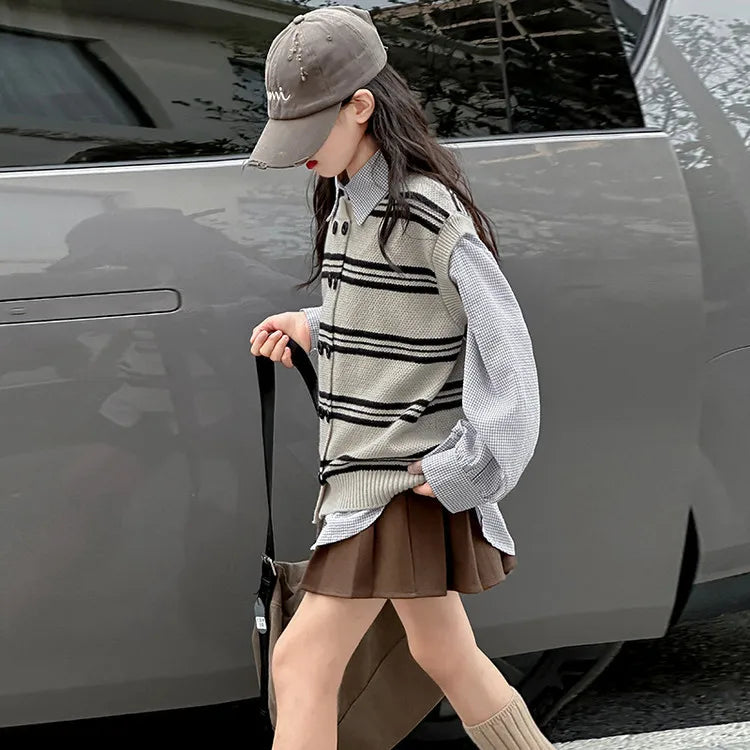 Girls Autumn Knitted Vest 2025 New Korean Fashionable Casual Daily Striped Sleeveless Double Breasted All-match Waistcoat