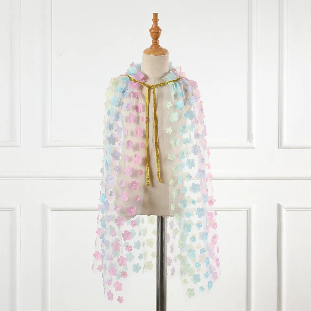 New Colourfu Flower Girls Cloak Fairy Lace Embroidered Cloak Children's Mesh Princess Cape Shawl Birthday Party Kids Clothes