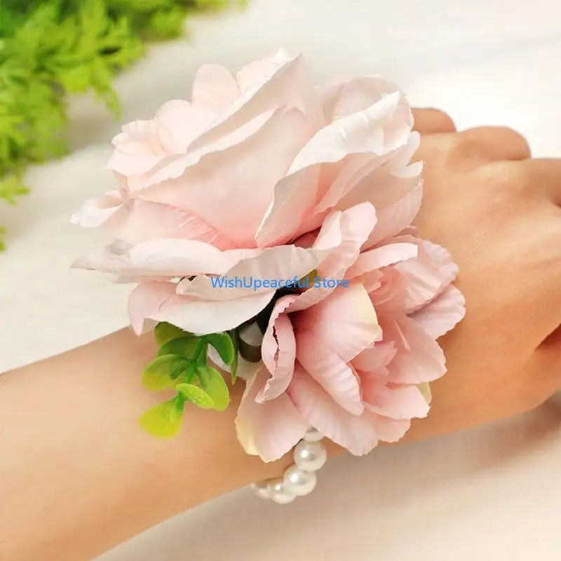 34YA Artificial Rose Wrist Corsage Wristband with Greenery Leaves Wedding Pearls Wristlet Hand Flowers for Women Bride Party