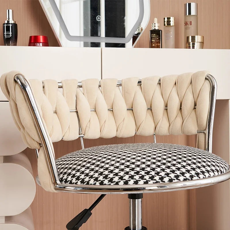 Nordic Makeup Chair With Woven Backrest, Houndstooth Pattern Seat For Bedroom,
