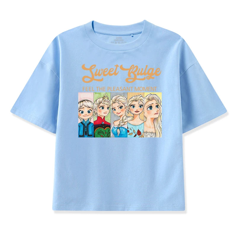 Girls Summer Short Sleeve T-Shirt Frozen Princess Elsa Cotton Loose Sweet Children's Top Casual Short Sleeve Half Sleeve Top