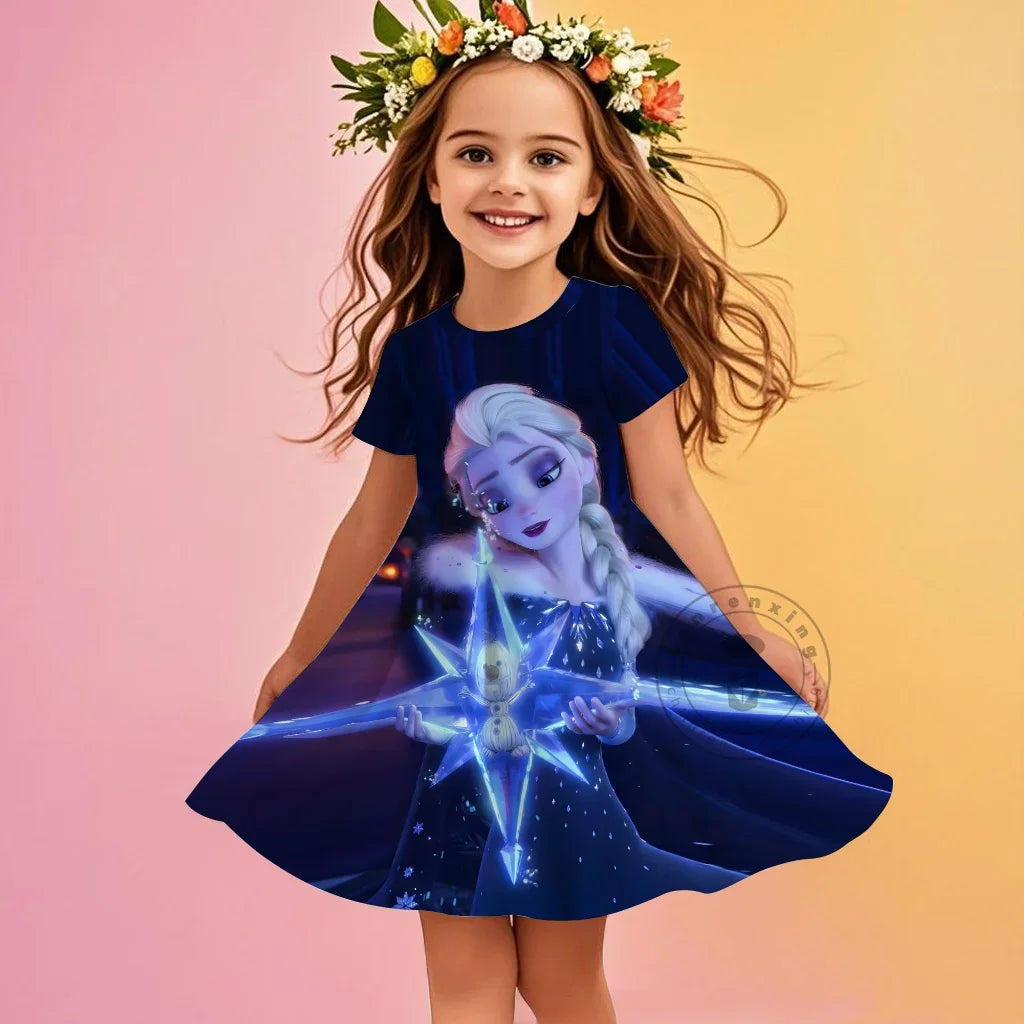 2025 Children Short-Sleeved Dress Cute Princess Series Elsa 3D Print Skirt Summer Baby Girl Clothes Original Brand Clothing