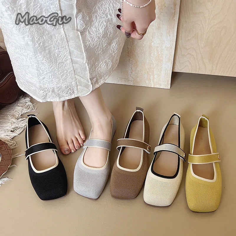 New Women's Single Shoes Fashion Square Toe Comfortable Mesh Flat Loafers Buckle Strap Woven Shoes Breathable Casual Soft Sole