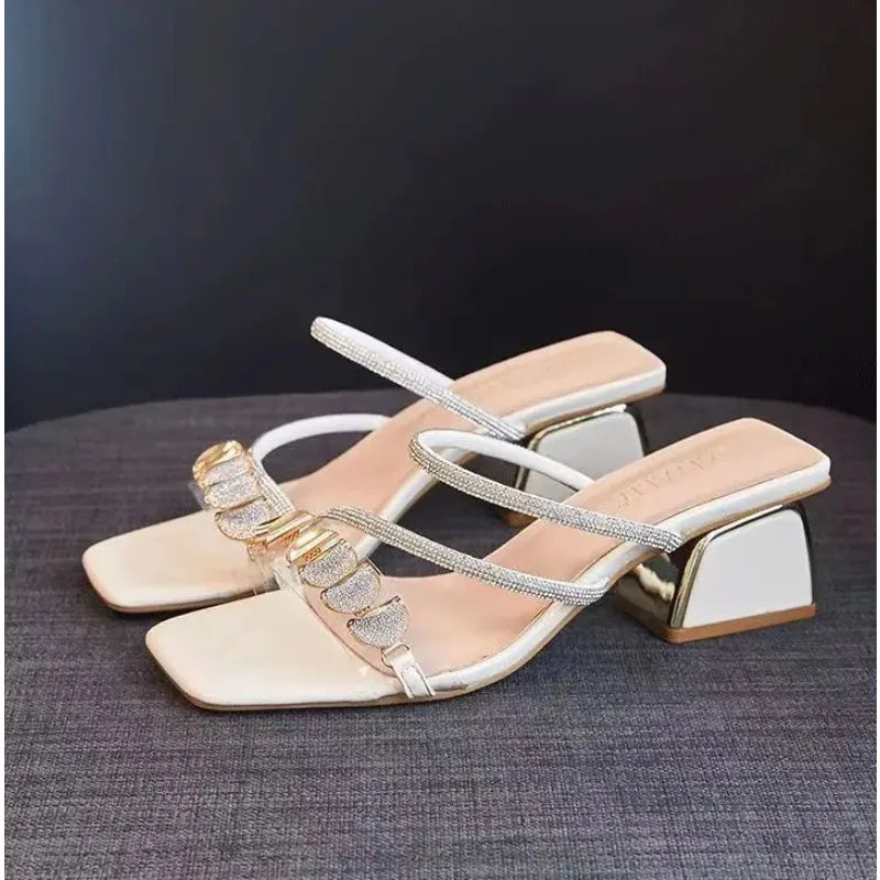 2025 New Women's Fashionable Rhinestone High-heeled Sandals Summer Women's Sexy Sandals Women's Leather Sandals Plus Size