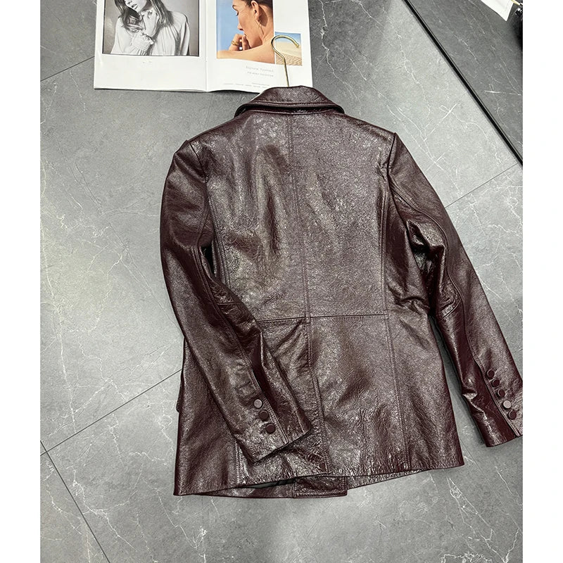 Women's Genuine Leather Sheepskin Coats Autumn Lapel Two Buttons Burgundy Long Loose High-Grade Waxed Goatskin Suit Jacket Lady