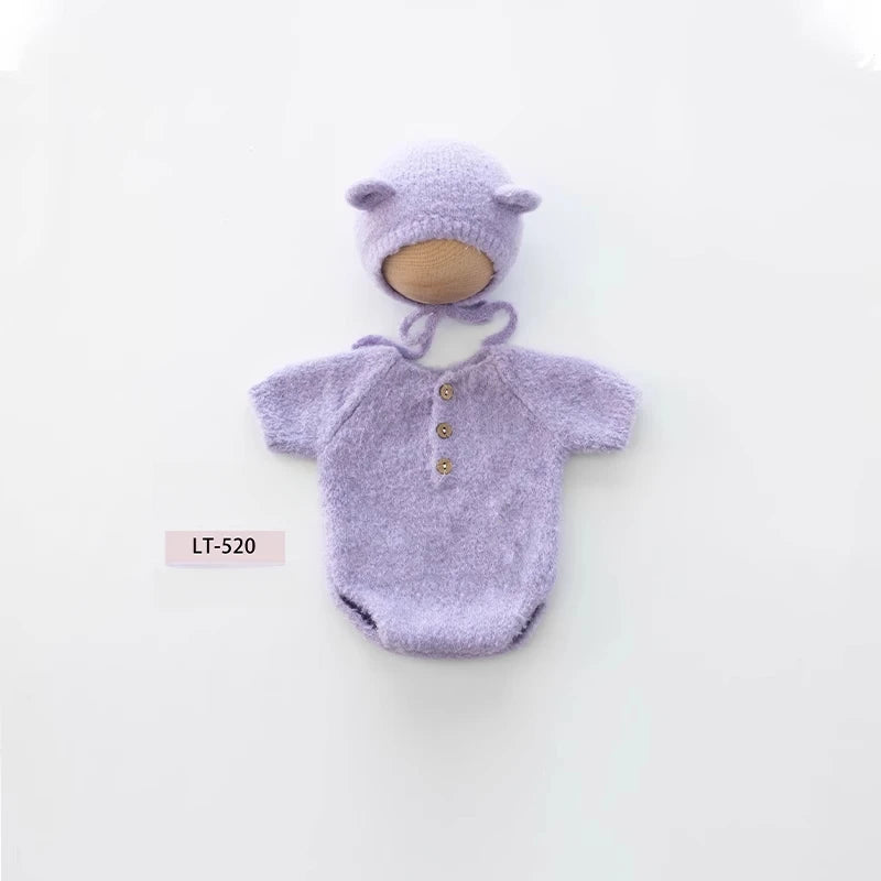 Newborn Photography Props Handmade Knitted Bear Clothes Costume Bodysuit with Hat and Cute Doll Set for Baby Studio Photo Shoot