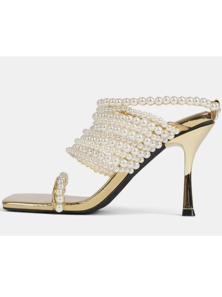 Golden Heels Pearl Chain Heeled Sandals Women Luxury Designer Shoes Summer Thin High Heel Pull On Slip On Shoe Mule Sandals New