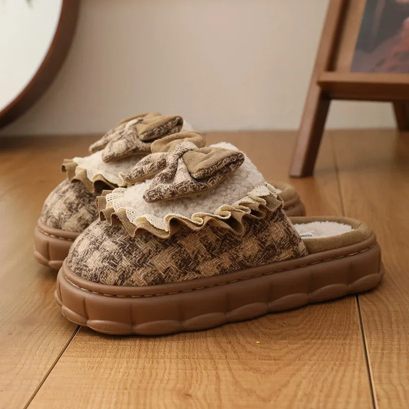 Women Winter Fashion Butterfly-Knot House Slippers Ladies Warm Flat Casual Shoes Female Soft Outdoor Versatile Bow Footwear