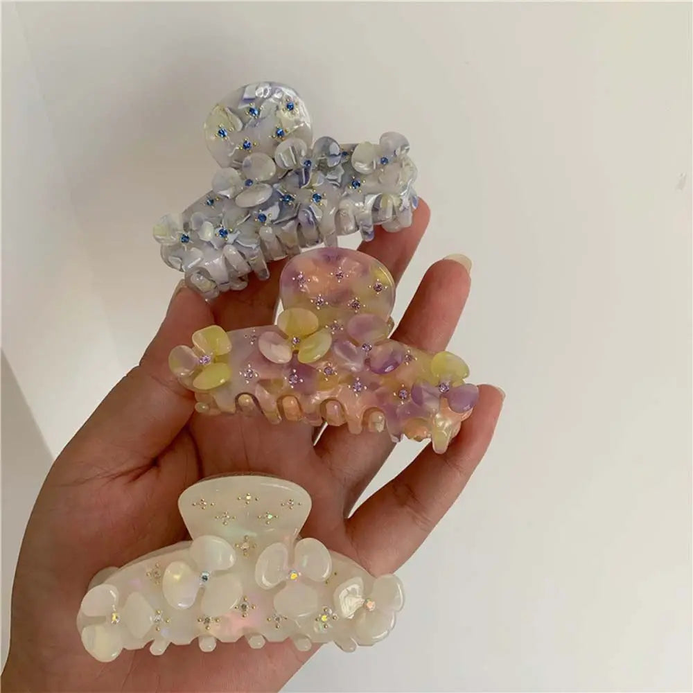 Crystal Flower Acetate White Colorful Barrettes Blue Purple Flower Hair Clips Hair Ornaments Acetate Hair Claw Korean Style