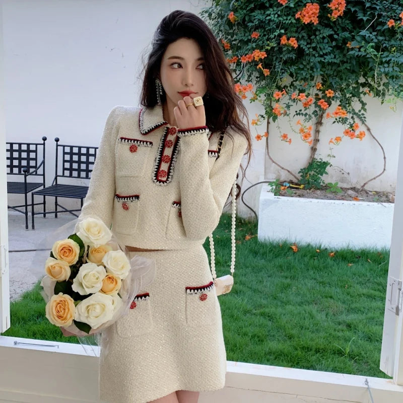 JAMERARY Tweed Two Piece Sets For Women Autumn Winter Woolen Outerwears Crystal Diamonds Jackets Coats + Short Skirts Suits