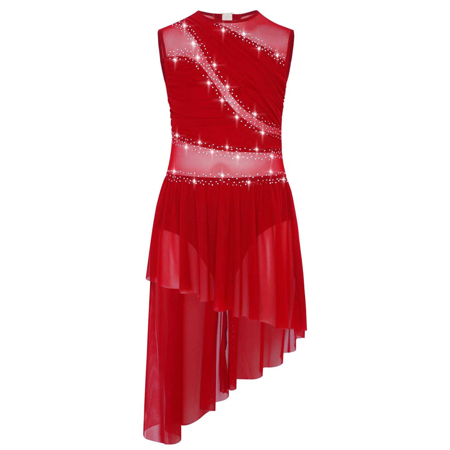 Kids Girls Ballet Dance Dress Figure Ice Skating Dancewear Open Back Asymmetrical Hem Rhinestone Sheer Gymnastics Leotard Dress