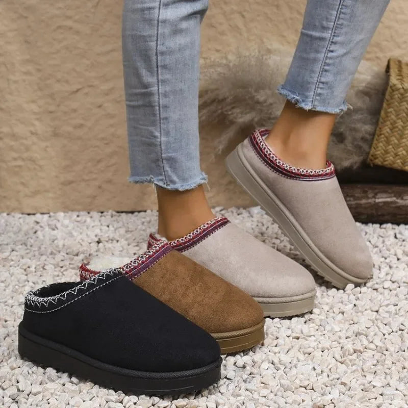 Women Warm Snow Boots Comfortable Cotton Shoes Close Toe Hair Half Slippers Female Autumn Winter Slip on Platform Boots Woman