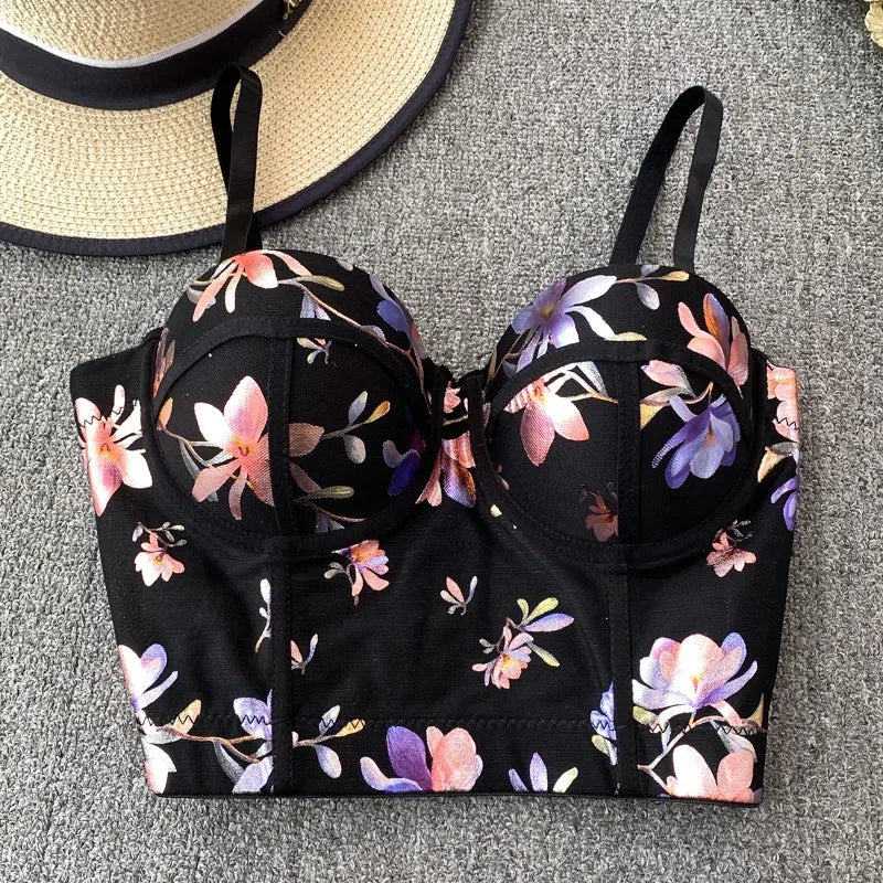 Women Sexy Floral printed Corset Tank Top Nightclub Party Short Chest Binder Camisole Girl Push Up Bustier Lady Bra Lingerie